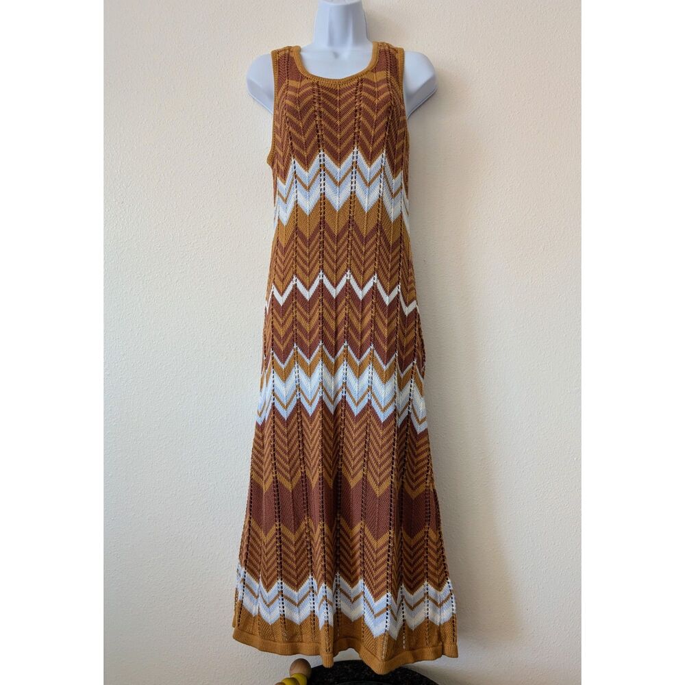 Versona Maxi Dress L Chevron Open Knit Crochet Boho 70s Brown Rust